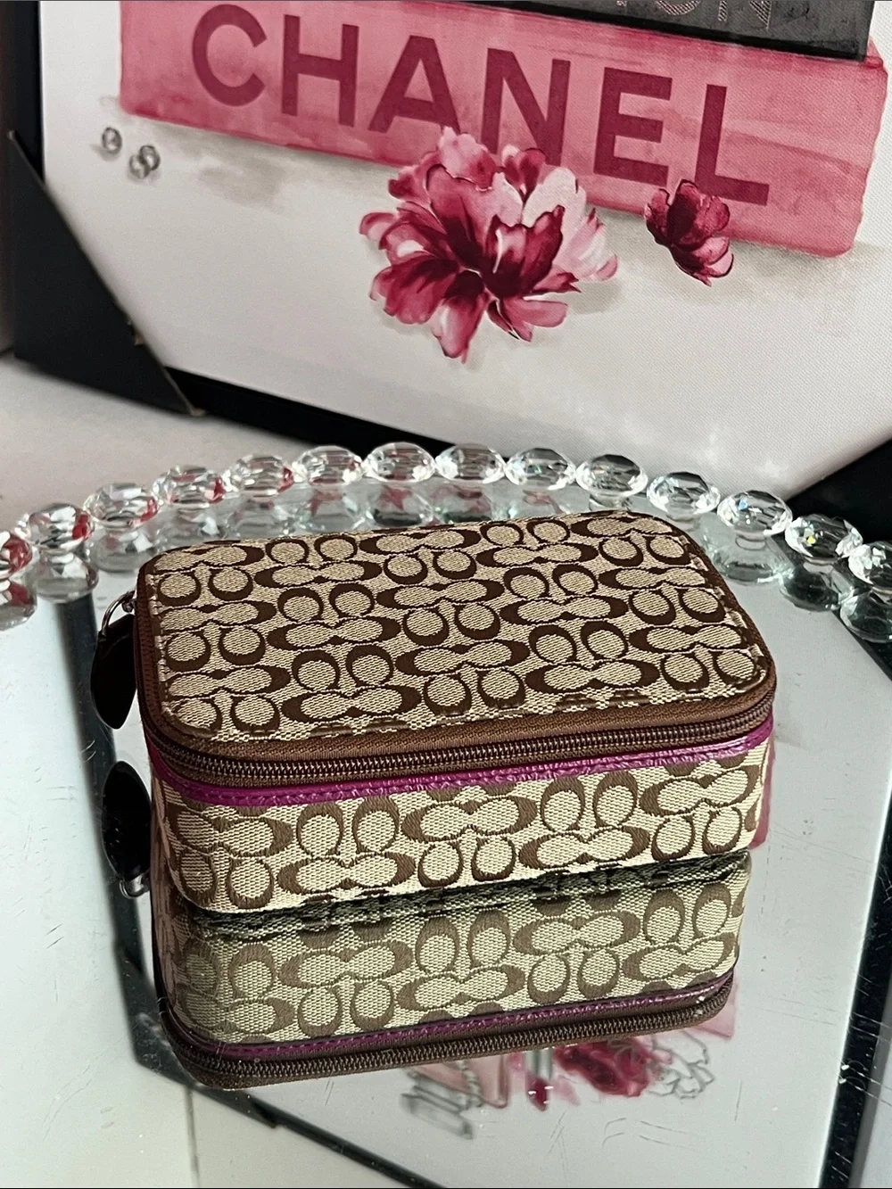 Coach Tan/Brown Signature Case with Pink Pull jewelry box